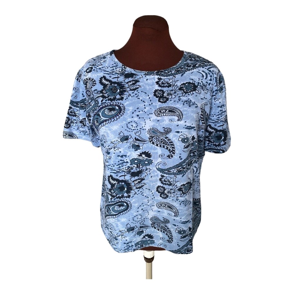 Haband Womens Blue Paisley Floral Embellished Short Sleeve Round Neck Top Size M